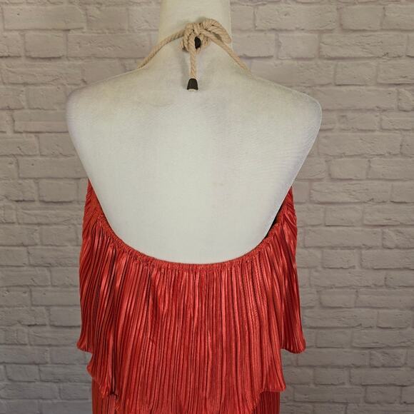 E Boston Proper Orange Plisse Pleated Halter Maxi Dress Womens Size L Rope Flowy - Picture 9 of 13
